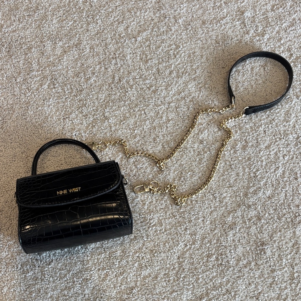 Nine West Black Croc Mini Top-Handle Crossbody with Gold Chain